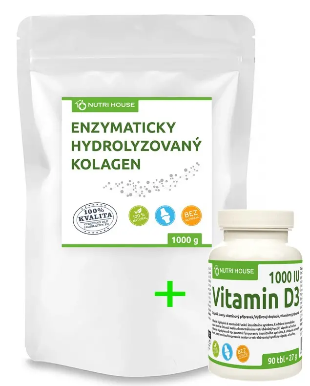 Nutri House Enzymaticky hydrolyzovaný kolagen 1 kg + Vitamín D3 90 tablet-SET