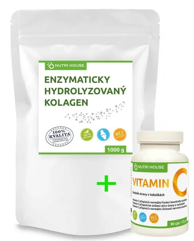 Nutri House Enzymaticky hydrolyzovaný kolagen 1 kg + Vitamín C 90 cps - SET